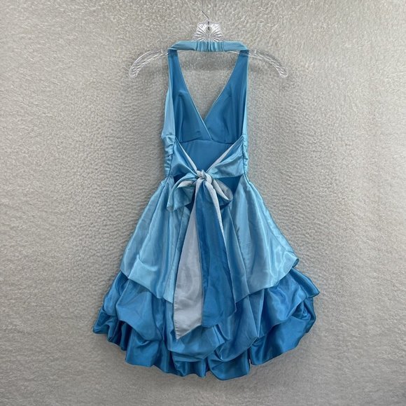 Y2K 2000s Baby Blue Satin Layer Open Back Halter Cinderella Fairy Mini Dress 4 S - Picture 2 of 8